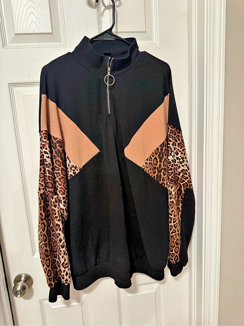 Animal Print Color Block Half-Zip Top
